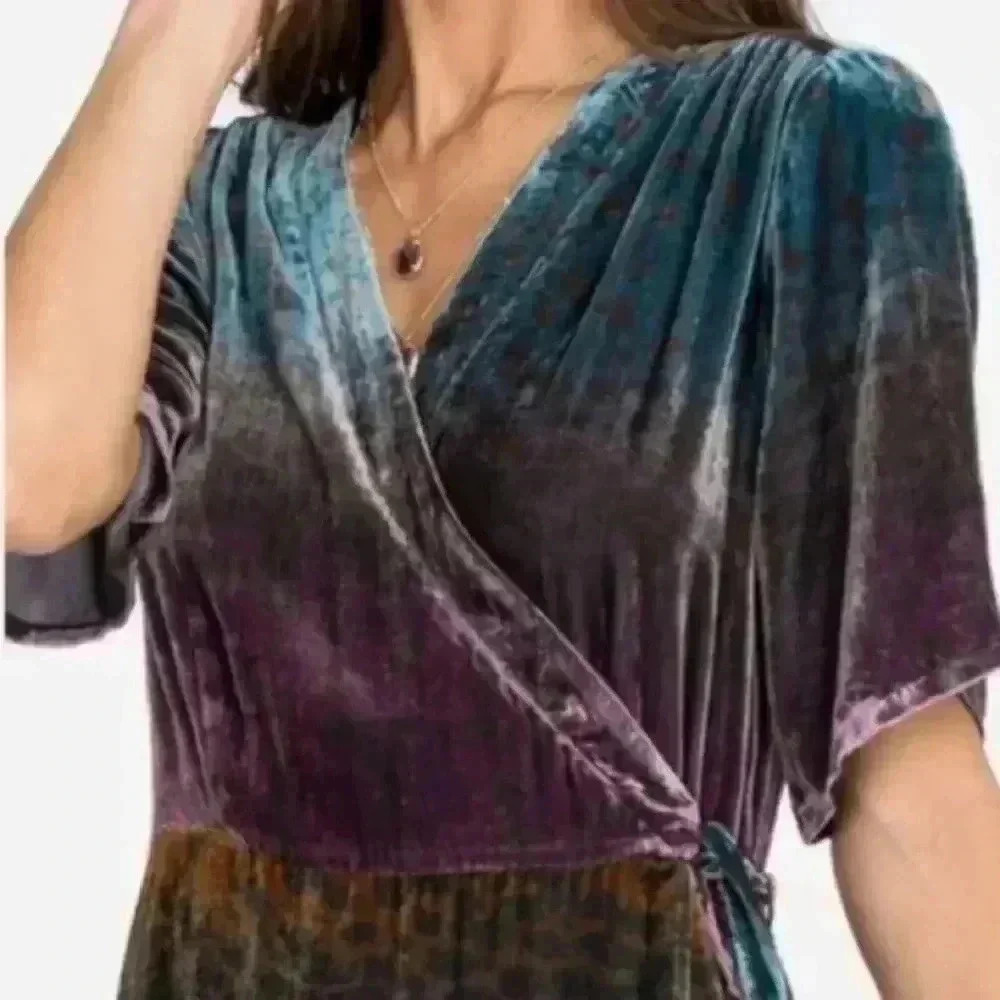 NWOT JOHNNY WAS Ombre Cheetah Print Velvet Midi Silk Wrap Dress Size XS - Picture 13 of 16